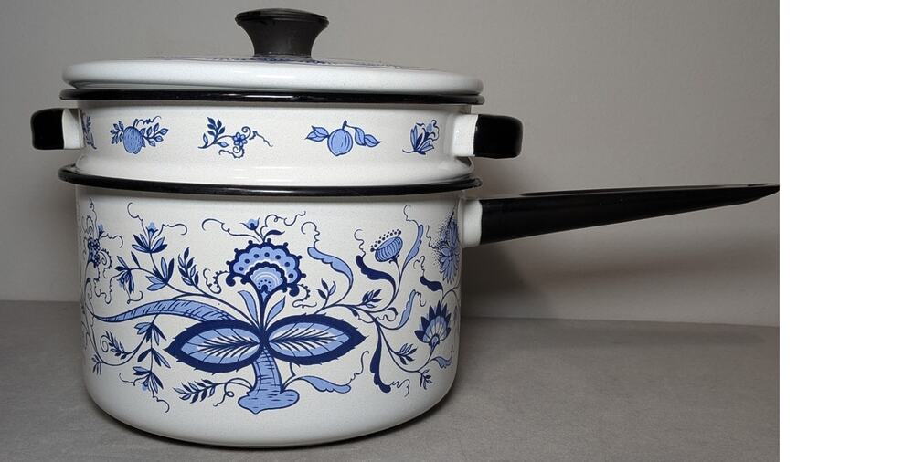 VTG Blue Danube Onion Enamelware 2 Pots With Lid Blue White Black Double Boiler